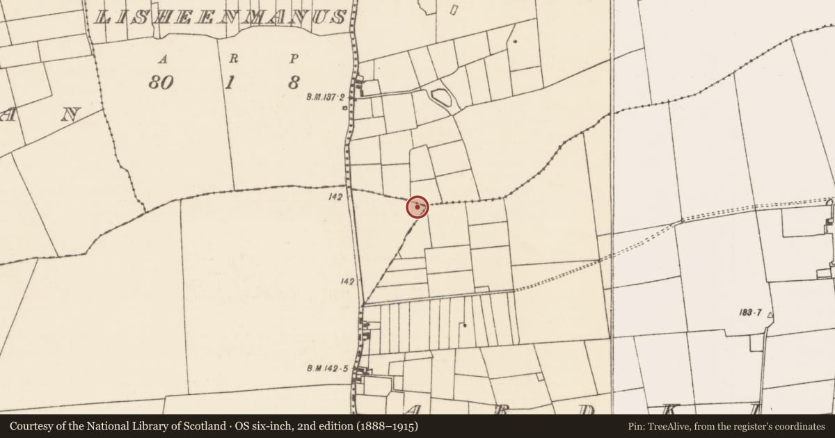 Ordnance Survey six-inch map, 2nd edition (1888–1915) covering the location of Barrow - ring-barrow, Kilquire Lower, County Mayo, with a pin at the register's coordinates