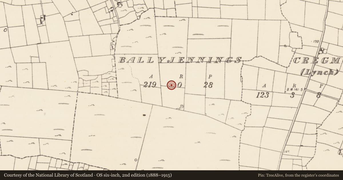 Ordnance Survey six-inch map, 2nd edition (1888–1915) covering the location of Ringfort - rath, Ballyjennings, County Mayo, with a pin at the register's coordinates