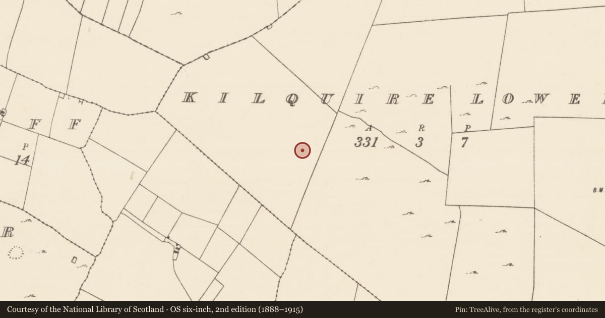 Ordnance Survey six-inch map, 2nd edition (1888–1915) covering the location of Enclosure, Kilquire Lower, County Mayo, with a pin at the register's coordinates