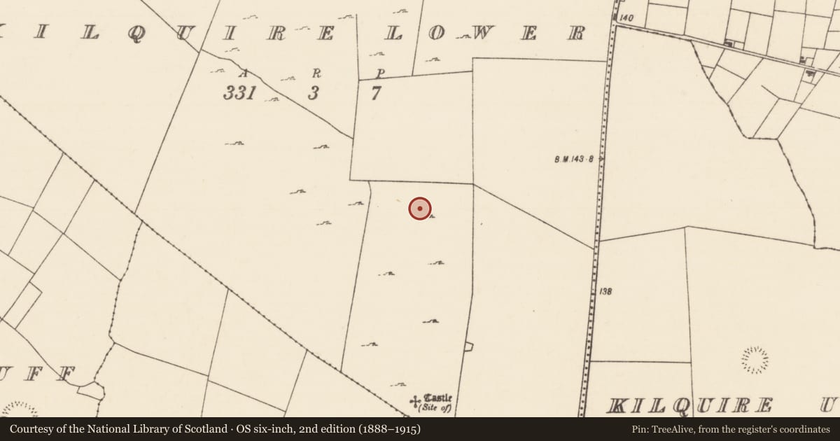 Ordnance Survey six-inch map, 2nd edition (1888–1915) covering the location of Ringfort - cashel, Kilquire Lower, County Mayo, with a pin at the register's coordinates