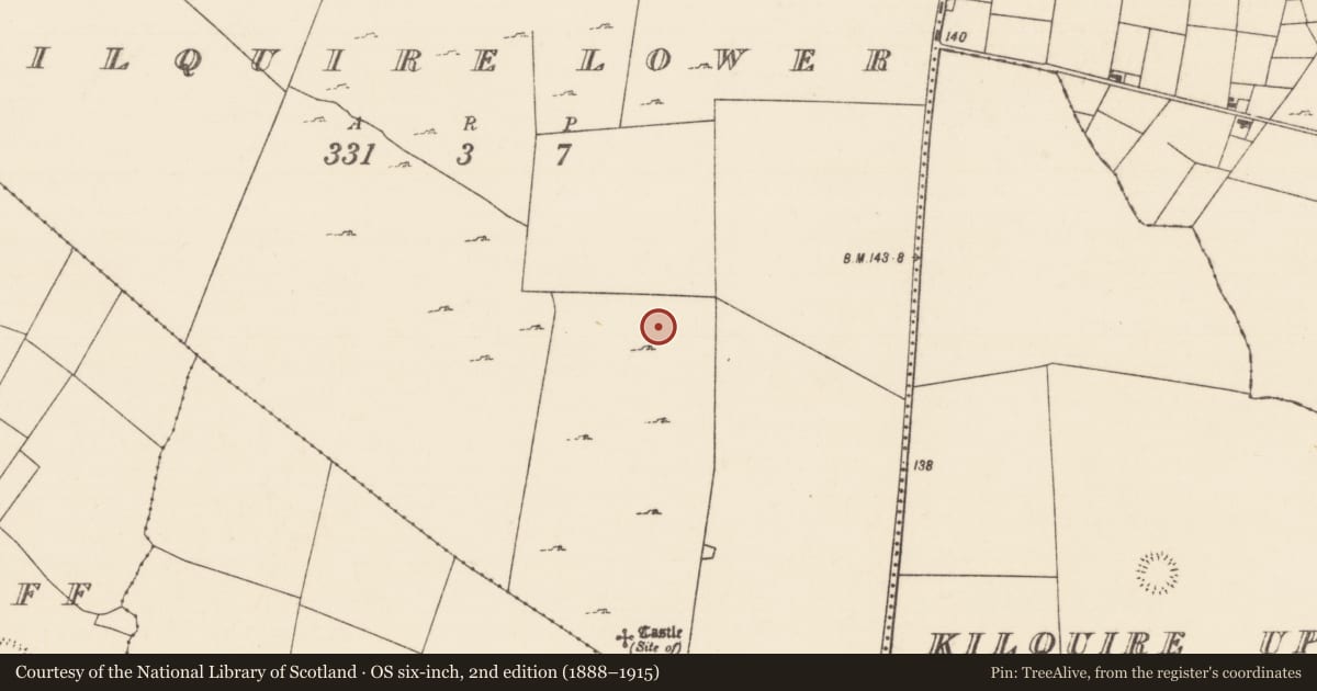 Ordnance Survey six-inch map, 2nd edition (1888–1915) covering the location of Hut site, Kilquire Lower, County Mayo, with a pin at the register's coordinates