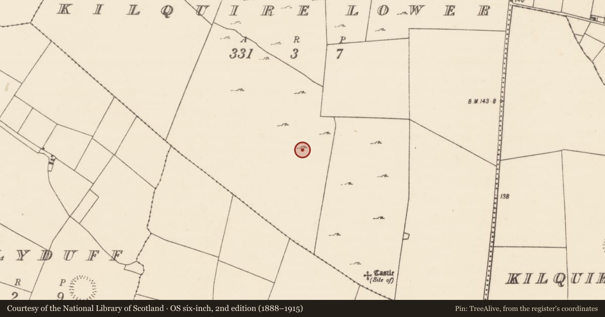 Ordnance Survey six-inch map, 2nd edition (1888–1915) covering the location of Enclosure, Kilquire Lower, County Mayo, with a pin at the register's coordinates