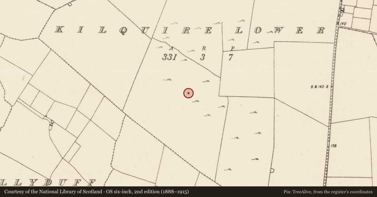 Ordnance Survey six-inch map, 2nd edition (1888–1915) covering the location of Enclosure, Kilquire Lower, County Mayo, with a pin at the register's coordinates