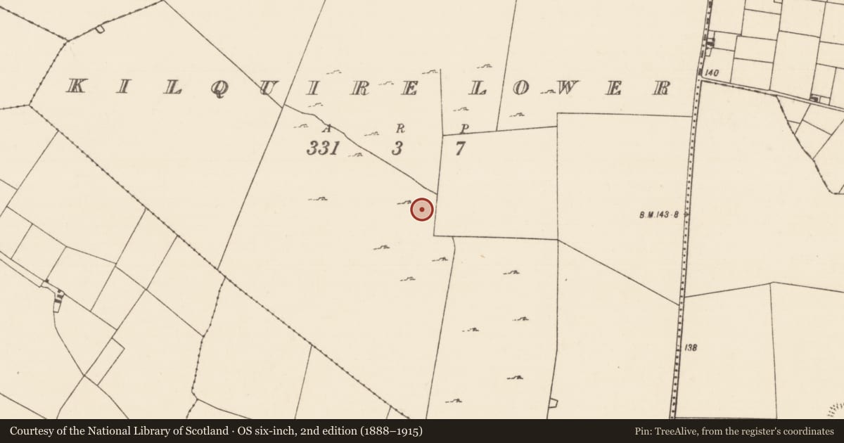 Ordnance Survey six-inch map, 2nd edition (1888–1915) covering the location of Field system, Kilquire Lower, County Mayo, with a pin at the register's coordinates