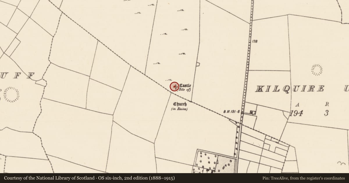 Ordnance Survey six-inch map, 2nd edition (1888–1915) covering the location of Castle - unclassified, Kilquire Lower, County Mayo, with a pin at the register's coordinates