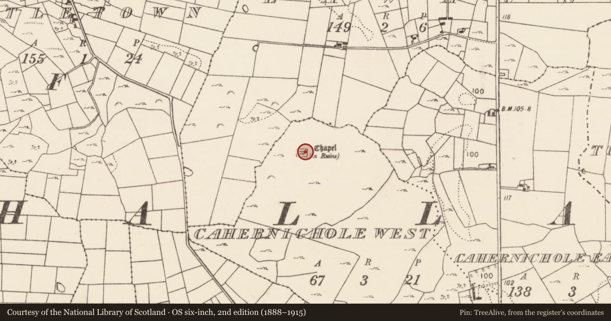 Ordnance Survey six-inch map, 2nd edition (1888–1915) covering the location of Church, Cahernichole West, County Mayo, with a pin at the register's coordinates