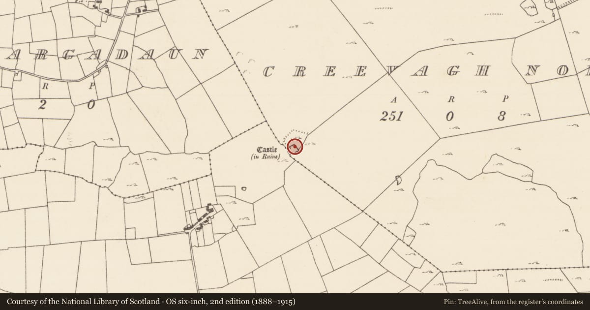Ordnance Survey six-inch map, 2nd edition (1888–1915) covering the location of Castle - tower house, Creevagh North (Kilmaine By., Kilmolara Par.), County Mayo, with a pin at the register's coordinates