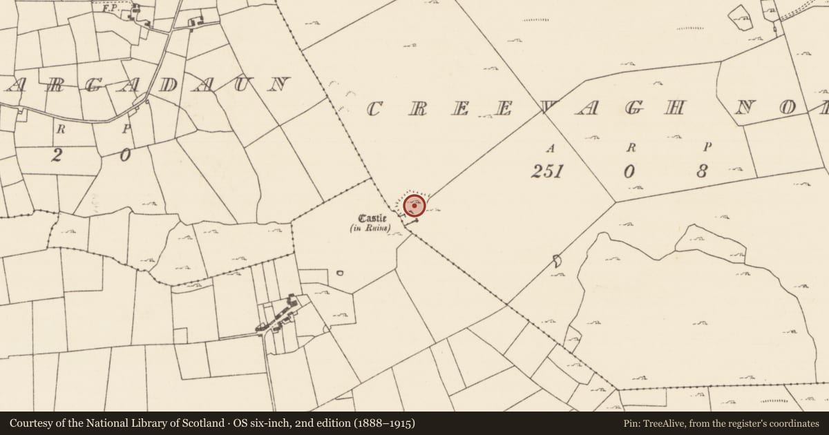Ordnance Survey six-inch map, 2nd edition (1888–1915) covering the location of Enclosure, Creevagh North (Kilmaine By., Kilmolara Par.), County Mayo, with a pin at the register's coordinates