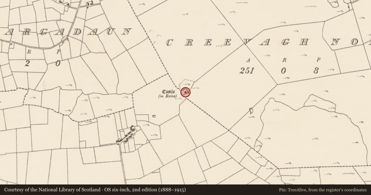 Ordnance Survey six-inch map, 2nd edition (1888–1915) covering the location of Bawn, Creevagh North (Kilmaine By., Kilmolara Par.), County Mayo, with a pin at the register's coordinates
