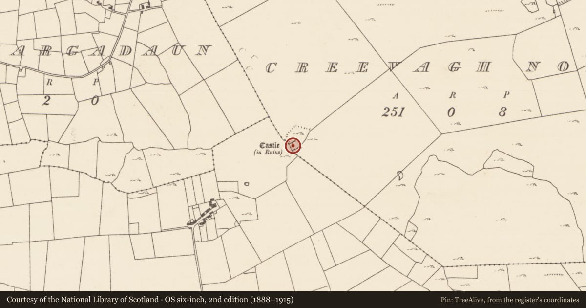 Ordnance Survey six-inch map, 2nd edition (1888–1915) covering the location of Building, Creevagh North (Kilmaine By., Kilmolara Par.), County Mayo, with a pin at the register's coordinates