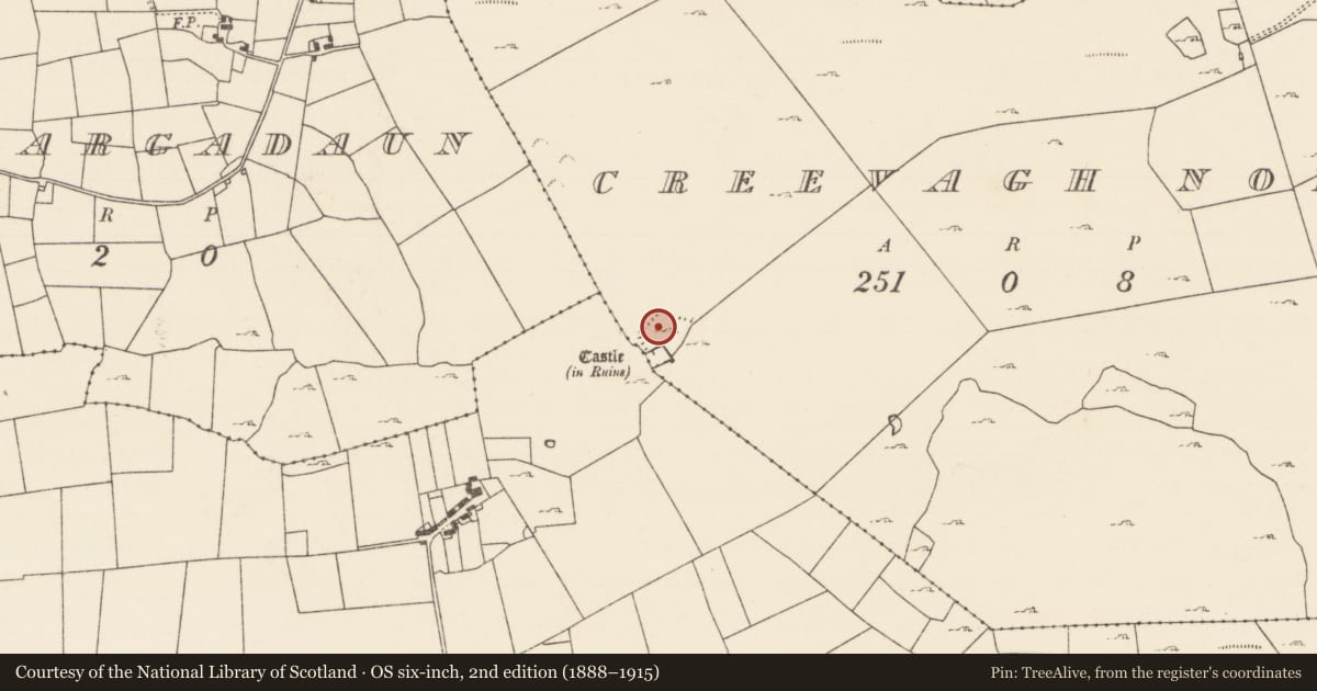 Ordnance Survey six-inch map, 2nd edition (1888–1915) covering the location of Building, Creevagh North (Kilmaine By., Kilmolara Par.), County Mayo, with a pin at the register's coordinates