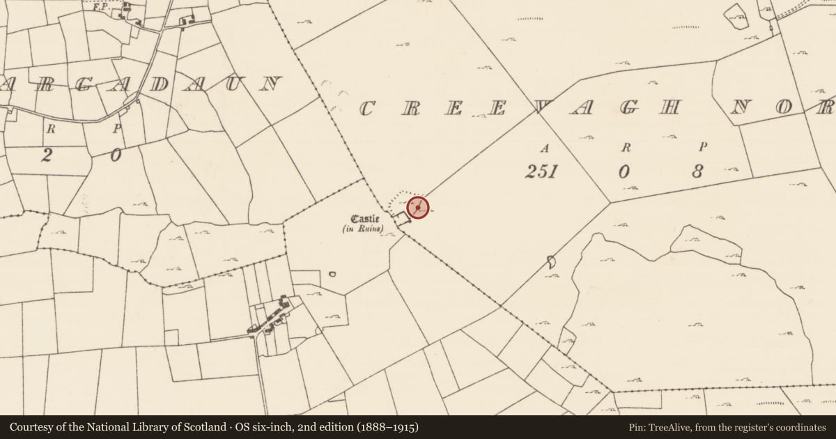 Ordnance Survey six-inch map, 2nd edition (1888–1915) covering the location of Building, Creevagh North (Kilmaine By., Kilmolara Par.), County Mayo, with a pin at the register's coordinates