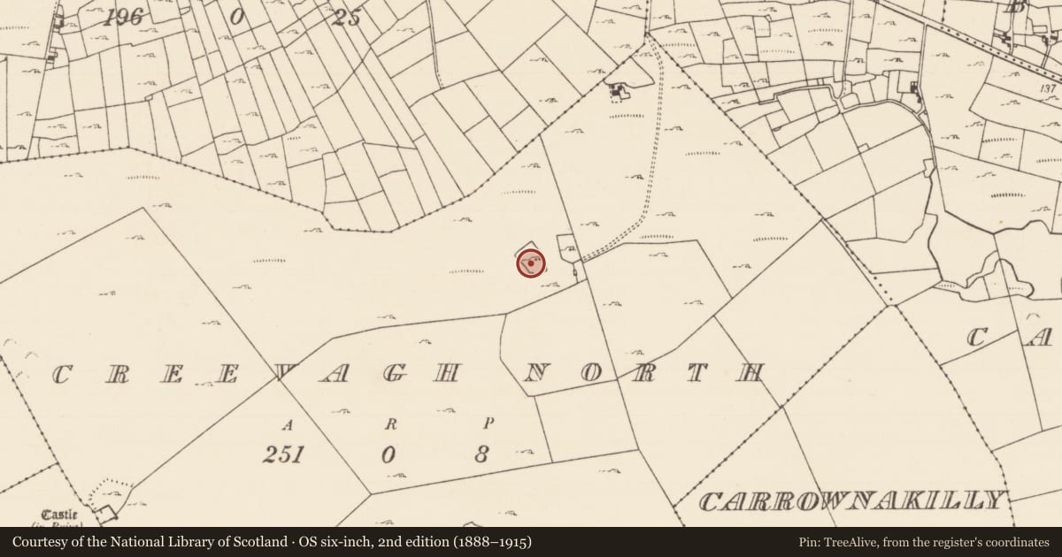 Ordnance Survey six-inch map, 2nd edition (1888–1915) covering the location of Enclosure, Creevagh North (Kilmaine By., Kilmolara Par.), County Mayo, with a pin at the register's coordinates