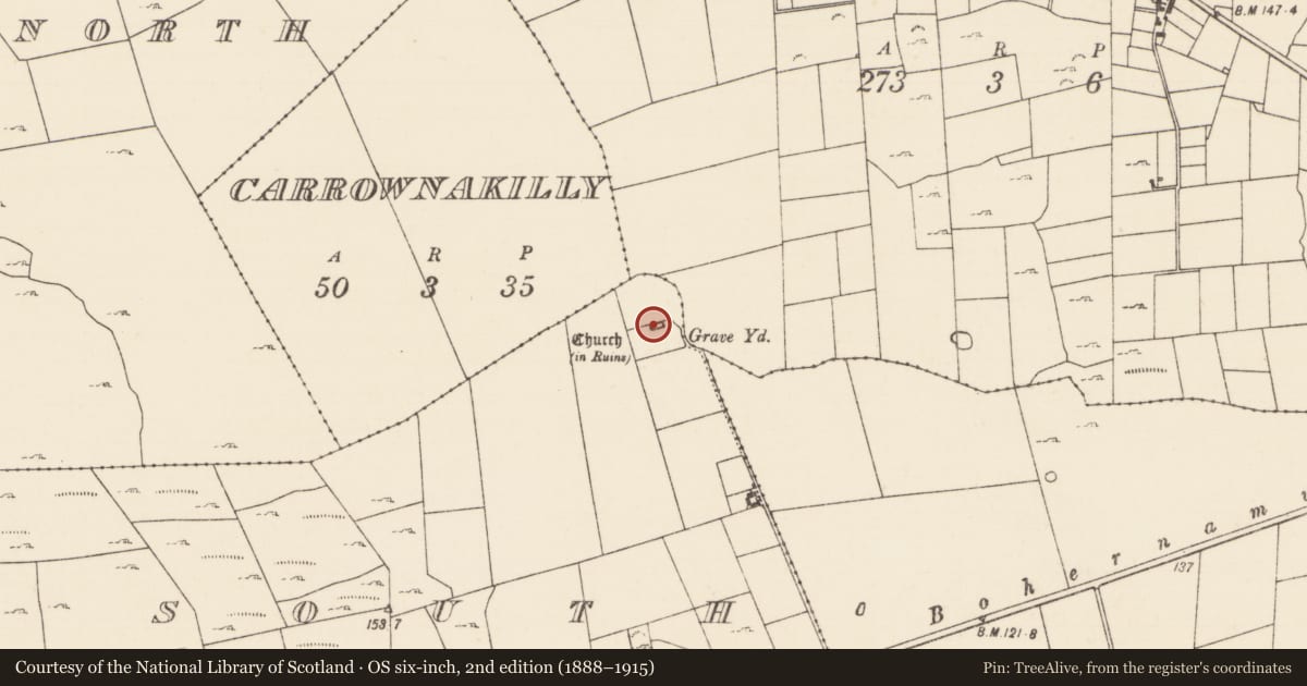 Ordnance Survey six-inch map, 2nd edition (1888–1915) covering the location of Church, Creevagh South (Kilmaine By., Kilmolara Par.), County Mayo, with a pin at the register's coordinates