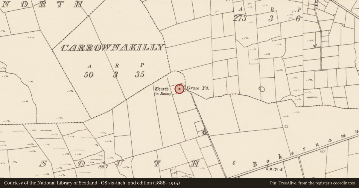 Ordnance Survey six-inch map, 2nd edition (1888–1915) covering the location of Graveyard, Creevagh South (Kilmaine By., Kilmolara Par.), County Mayo, with a pin at the register's coordinates