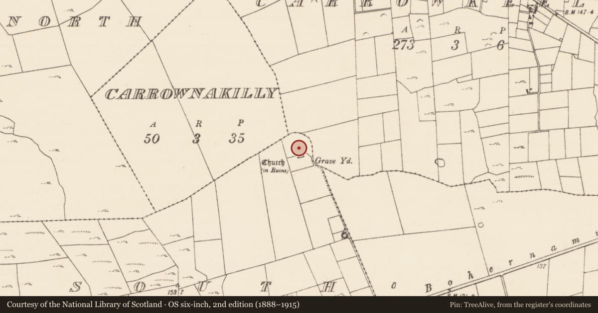 Ordnance Survey six-inch map, 2nd edition (1888–1915) covering the location of Enclosure, Creevagh South (Kilmaine By., Kilmolara Par.), County Mayo, with a pin at the register's coordinates