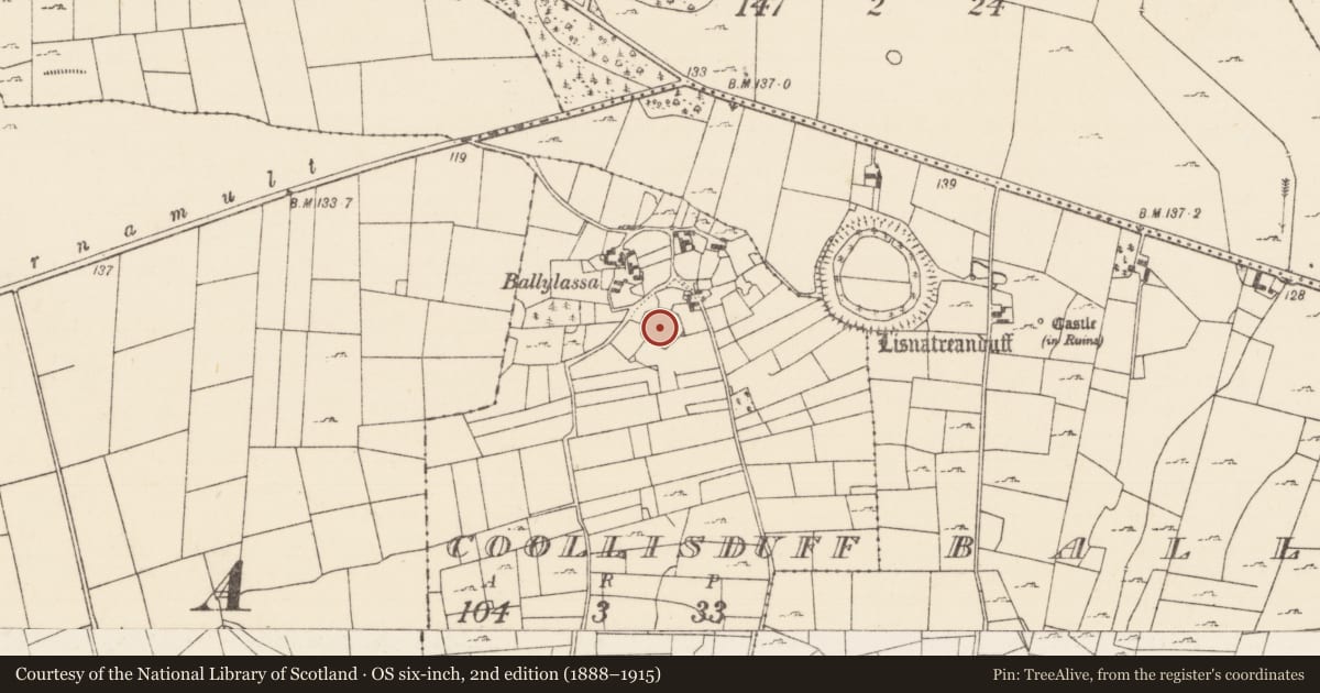 Ordnance Survey six-inch map, 2nd edition (1888–1915) covering the location of Enclosure, Coollisduff (Kilmaine By., Kilmolara Par.), County Mayo, with a pin at the register's coordinates