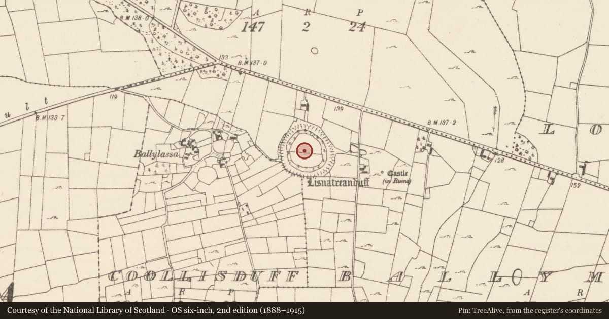Ordnance Survey six-inch map, 2nd edition (1888–1915) covering the location of Hilltop enclosure, Ballymartin, County Mayo, with a pin at the register's coordinates