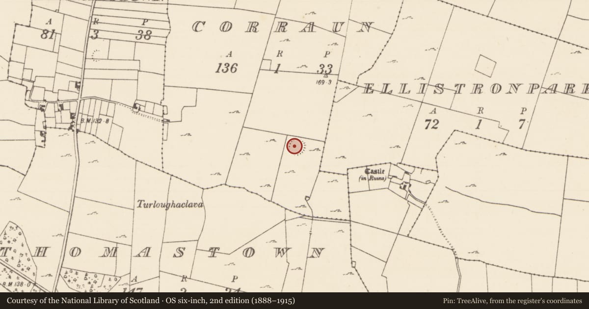 Ordnance Survey six-inch map, 2nd edition (1888–1915) covering the location of Ringfort - rath, Corraun, County Mayo, with a pin at the register's coordinates
