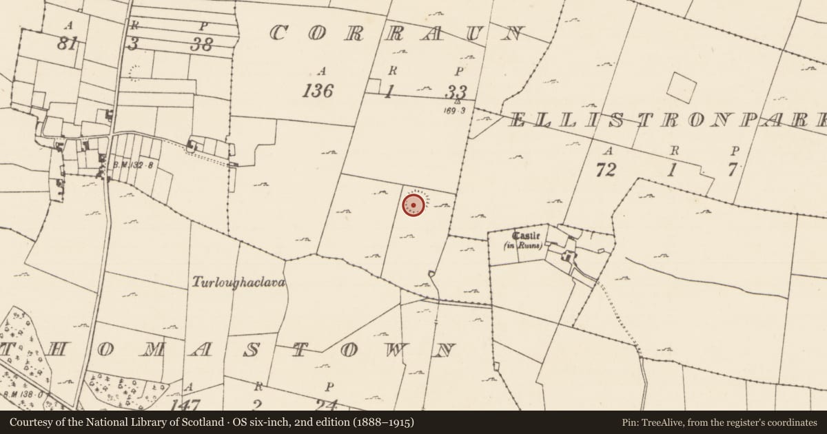 Ordnance Survey six-inch map, 2nd edition (1888–1915) covering the location of Hut site, Corraun, County Mayo, with a pin at the register's coordinates