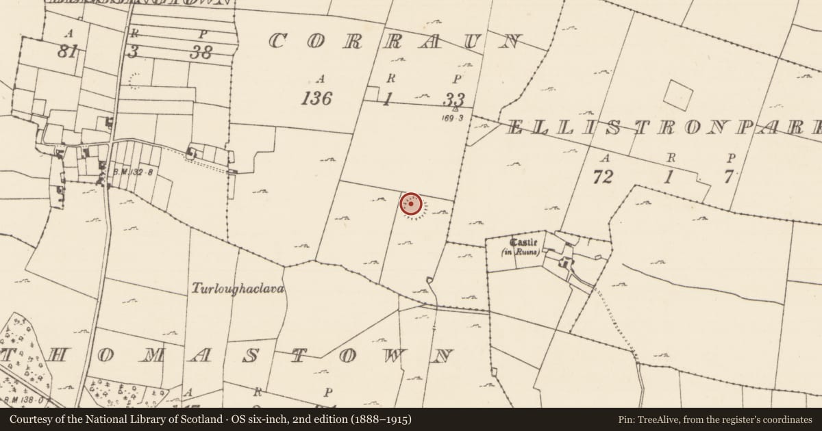 Ordnance Survey six-inch map, 2nd edition (1888–1915) covering the location of Hut site, Corraun, County Mayo, with a pin at the register's coordinates