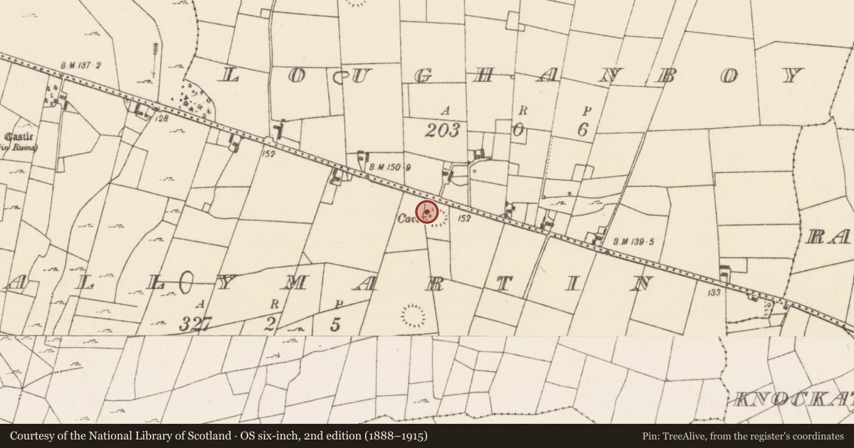 Ordnance Survey six-inch map, 2nd edition (1888–1915) covering the location of House - indeterminate date, Ballymartin, County Mayo, with a pin at the register's coordinates