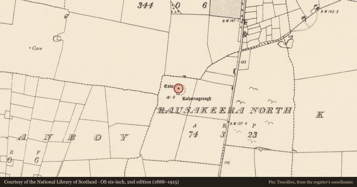 Ordnance Survey six-inch map, 2nd edition (1888–1915) covering the location of Ringfort - rath, Rausakeera North, County Mayo, with a pin at the register's coordinates
