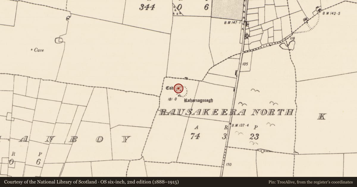 Ordnance Survey six-inch map, 2nd edition (1888–1915) covering the location of Souterrain, Rausakeera North, County Mayo, with a pin at the register's coordinates