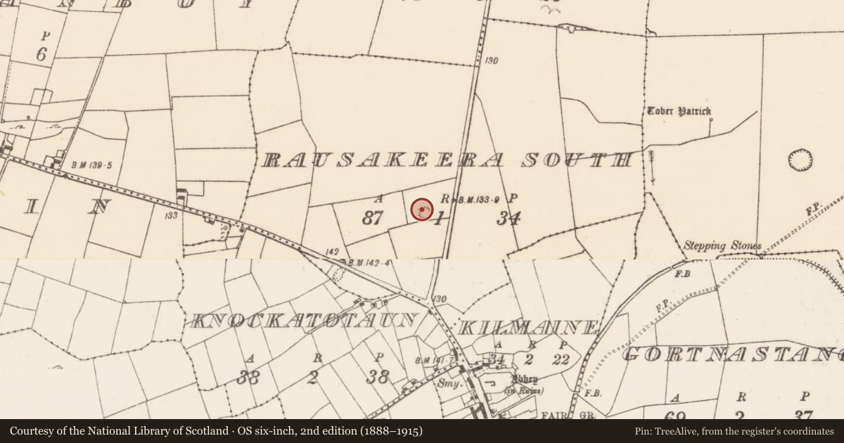 Ordnance Survey six-inch map, 2nd edition (1888–1915) covering the location of Barrow - unclassified, Rausakeera South, County Mayo, with a pin at the register's coordinates