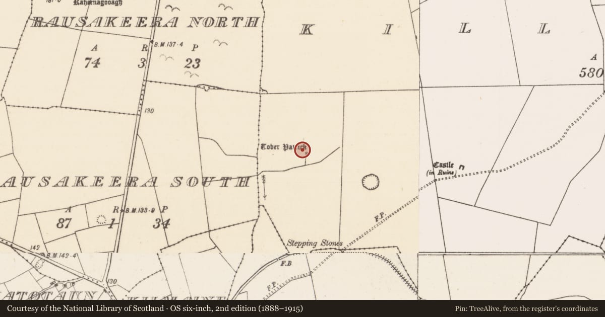 Ordnance Survey six-inch map, 2nd edition (1888–1915) covering the location of Ritual site - holy well, Killernan, County Mayo, with a pin at the register's coordinates