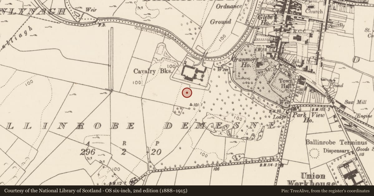 Ordnance Survey six-inch map, 2nd edition (1888–1915) covering the location of Designed landscape - avenue, Ballinrobe Demesne, County Mayo, with a pin at the register's coordinates