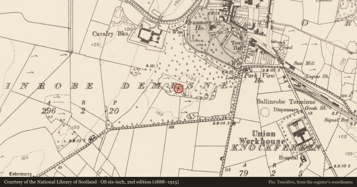 Ordnance Survey six-inch map, 2nd edition (1888–1915) covering the location of Stone circle, Ballinrobe Demesne, County Mayo, with a pin at the register's coordinates