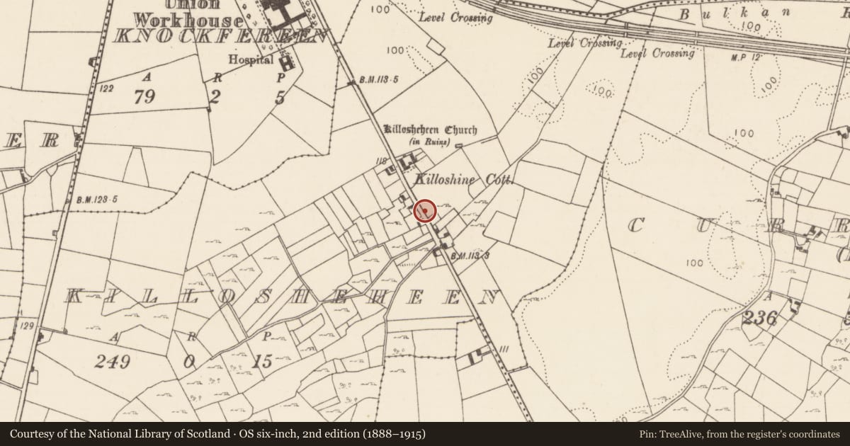 Ordnance Survey six-inch map, 2nd edition (1888–1915) covering the location of Burial ground, Killosheheen, County Mayo, with a pin at the register's coordinates