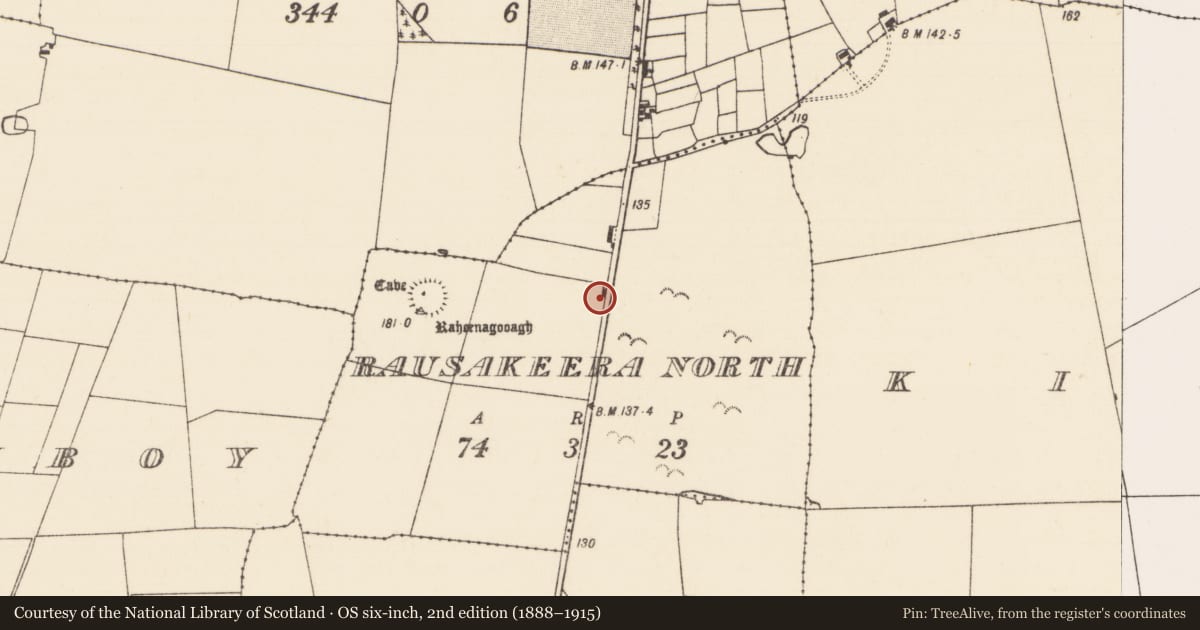 Ordnance Survey six-inch map, 2nd edition (1888–1915) covering the location of Souterrain, Rausakeera North, County Mayo, with a pin at the register's coordinates