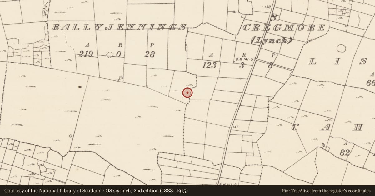 Ordnance Survey six-inch map, 2nd edition (1888–1915) covering the location of Enclosure, Ballyjennings, County Mayo, with a pin at the register's coordinates
