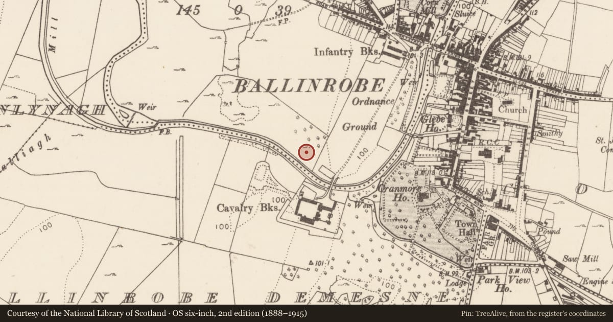 Ordnance Survey six-inch map, 2nd edition (1888–1915) covering the location of Fulacht fia, Rathkelly, County Mayo, with a pin at the register's coordinates