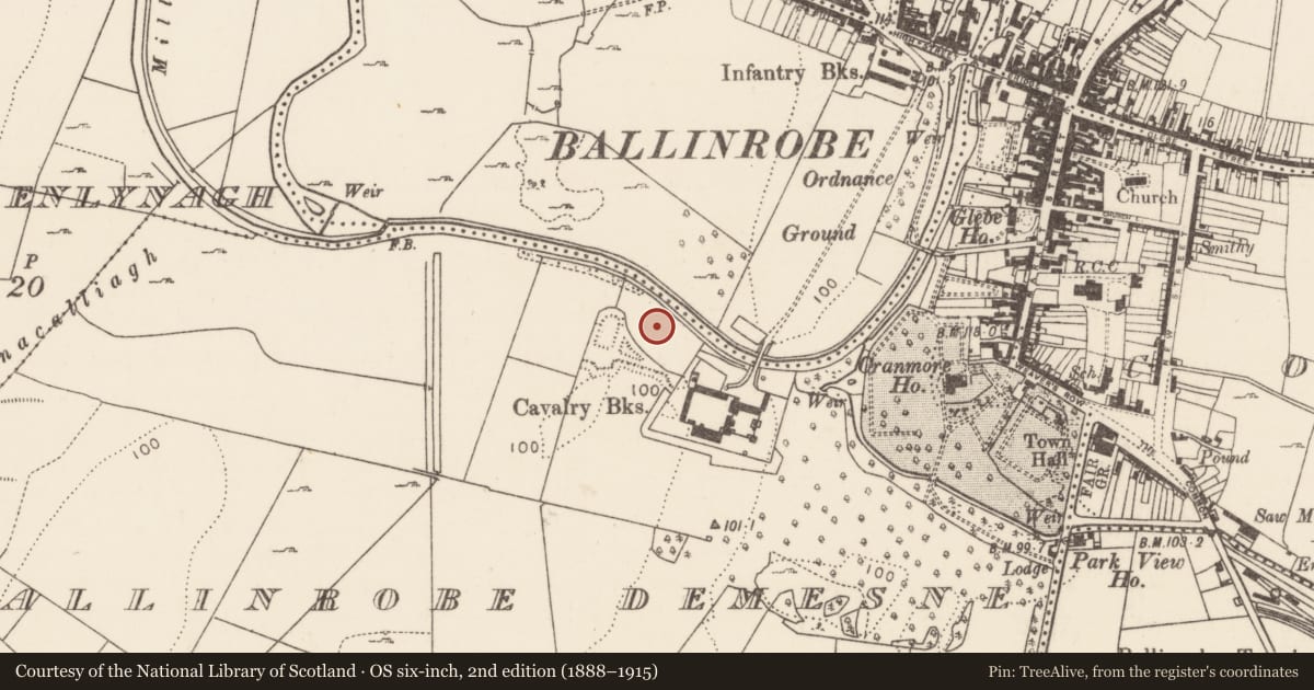 Ordnance Survey six-inch map, 2nd edition (1888–1915) covering the location of Burnt mound, Ballinrobe Demesne, County Mayo, with a pin at the register's coordinates