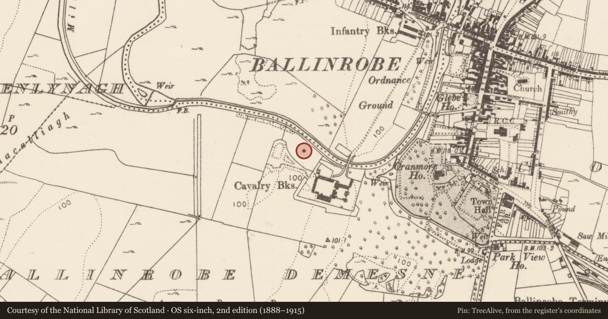 Ordnance Survey six-inch map, 2nd edition (1888–1915) covering the location of Burnt mound, Ballinrobe Demesne, County Mayo, with a pin at the register's coordinates