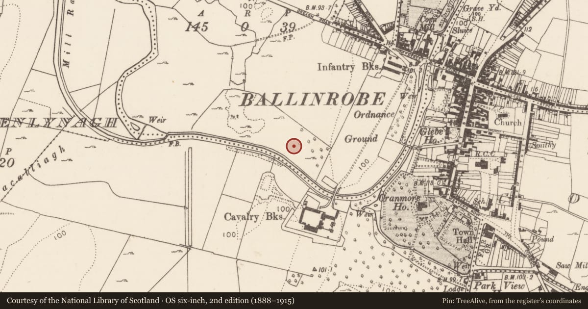 Ordnance Survey six-inch map, 2nd edition (1888–1915) covering the location of Burnt mound, Rathkelly, County Mayo, with a pin at the register's coordinates