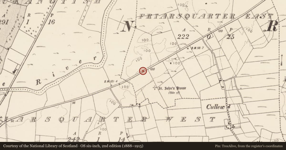 Ordnance Survey six-inch map, 2nd edition (1888–1915) covering the location of Burnt mound, Friarsquarter East, County Mayo, with a pin at the register's coordinates