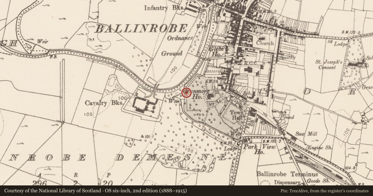 Ordnance Survey six-inch map, 2nd edition (1888–1915) covering the location of Fulacht fia, Ballinrobe Demesne, County Mayo, with a pin at the register's coordinates