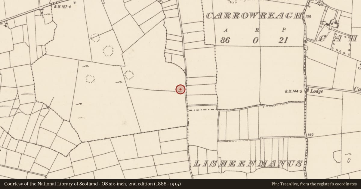 Ordnance Survey six-inch map, 2nd edition (1888–1915) covering the location of Ringfort - rath, Bunacrower, County Mayo, with a pin at the register's coordinates