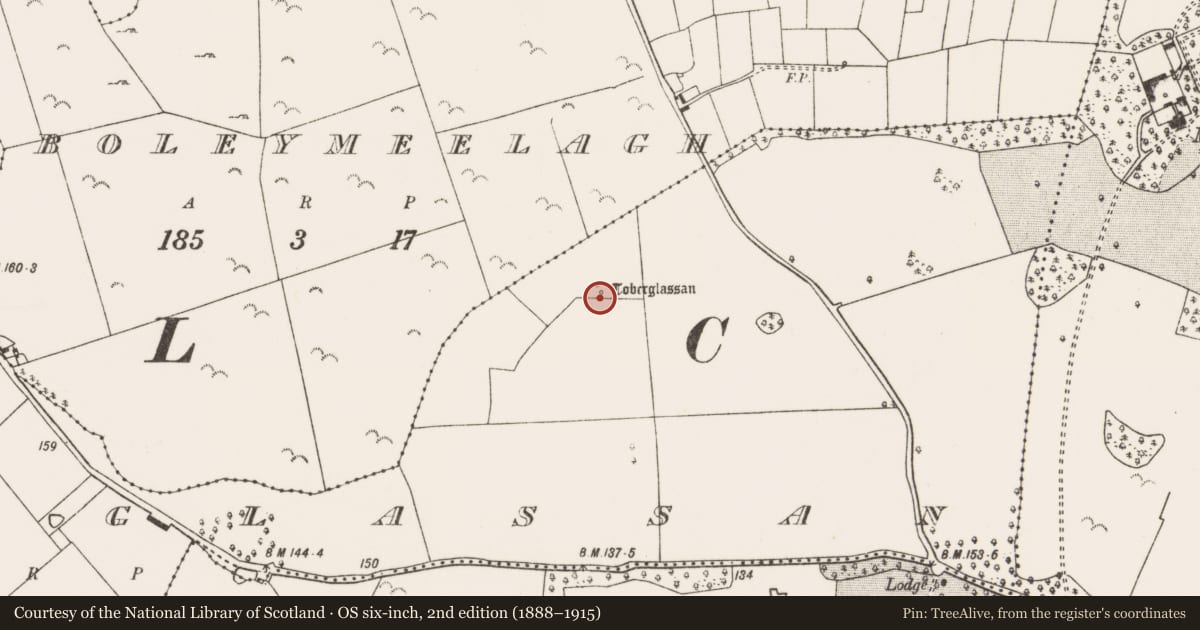 Ordnance Survey six-inch map, 2nd edition (1888–1915) covering the location of Ritual site - holy well, Kilglassan, County Mayo, with a pin at the register's coordinates