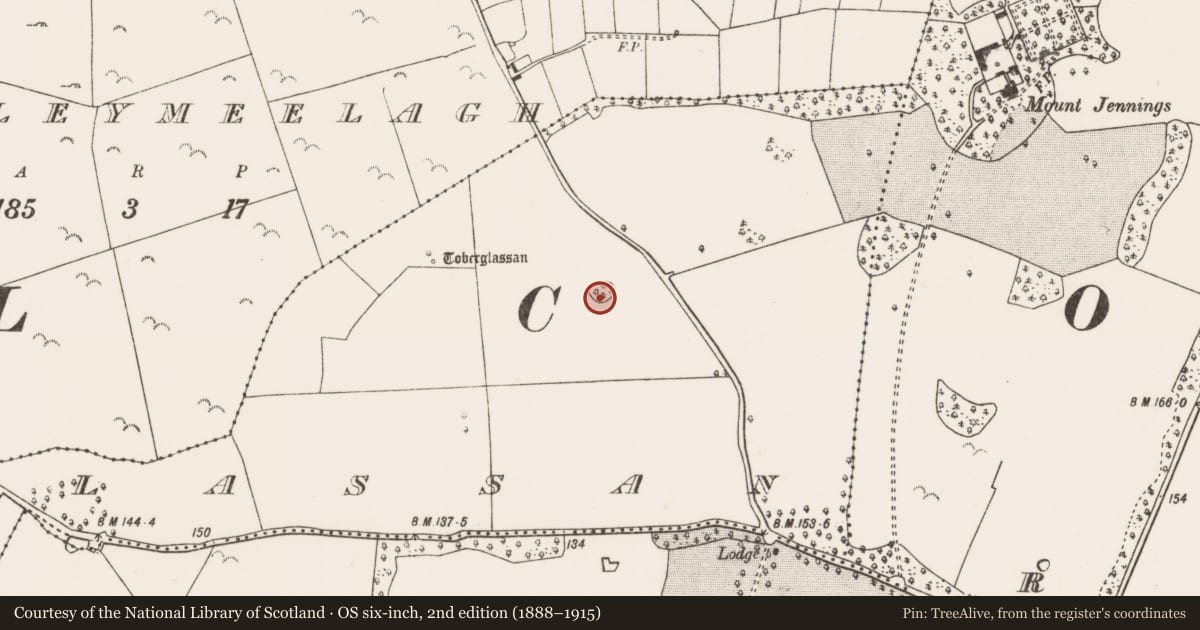 Ordnance Survey six-inch map, 2nd edition (1888–1915) covering the location of Enclosure, Kilglassan, County Mayo, with a pin at the register's coordinates