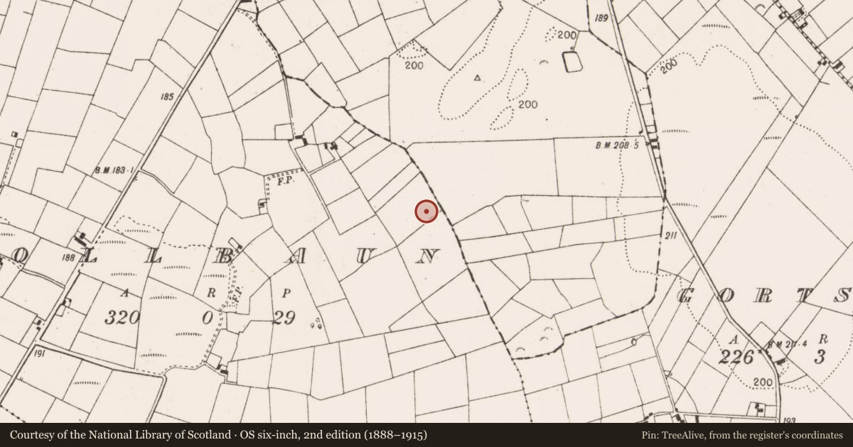Ordnance Survey six-inch map, 2nd edition (1888–1915) covering the location of Children's burial ground, Pollbaun, County Mayo, with a pin at the register's coordinates