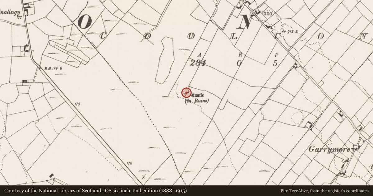 Ordnance Survey six-inch map, 2nd edition (1888–1915) covering the location of Castle - unclassified, Coolcon, County Mayo, with a pin at the register's coordinates