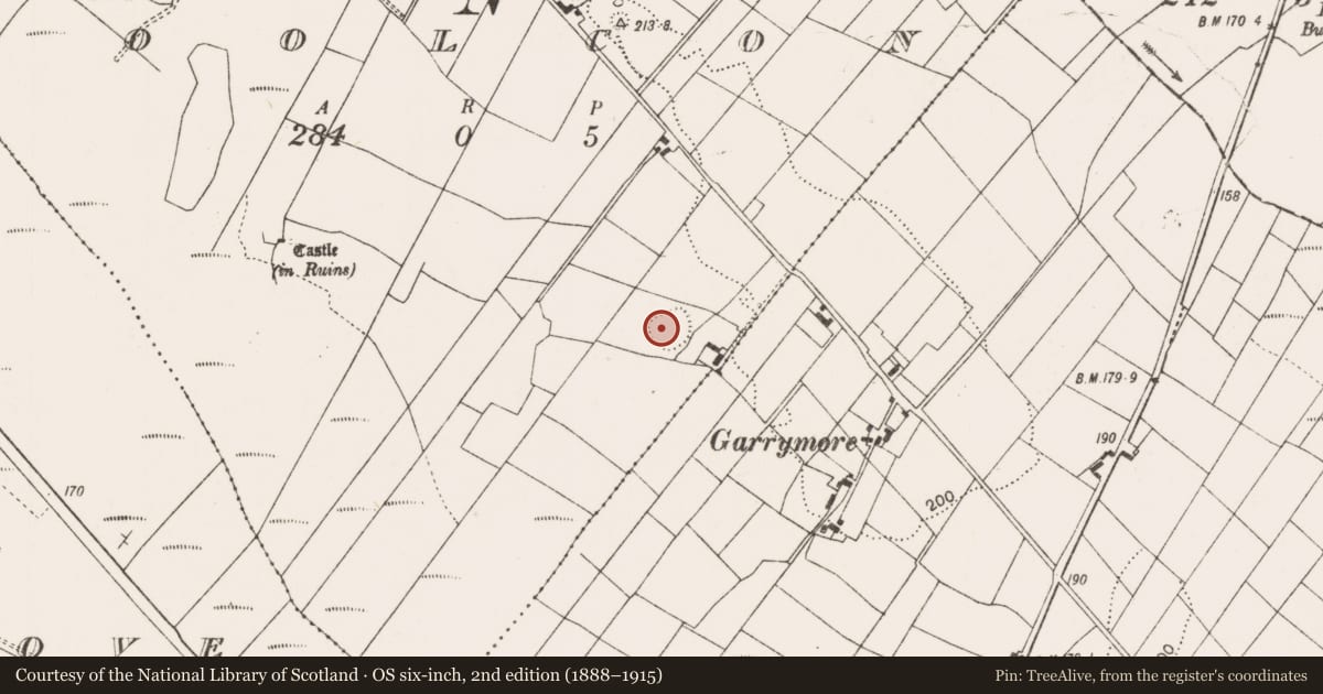 Ordnance Survey six-inch map, 2nd edition (1888–1915) covering the location of Enclosure, Coolcon, County Mayo, with a pin at the register's coordinates