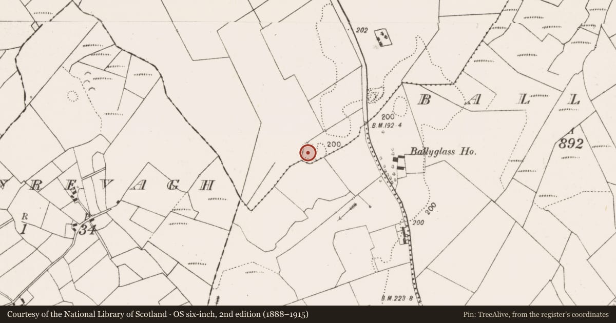 Ordnance Survey six-inch map, 2nd edition (1888–1915) covering the location of Enclosure, Carrownskehaun, Heath, County Mayo, with a pin at the register's coordinates