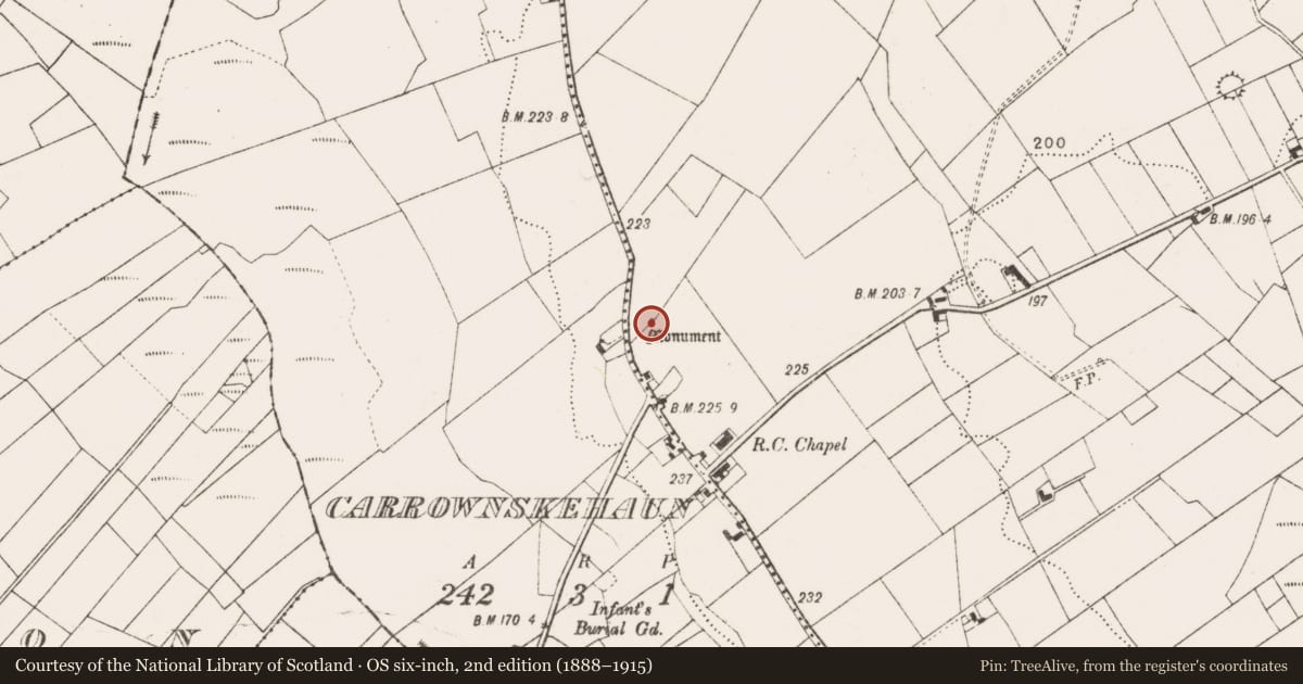 Ordnance Survey six-inch map, 2nd edition (1888–1915) covering the location of Monumental structure, Ballyglass (Clanmorris By., Crossboyne Par.), County Mayo, with a pin at the register's coordinates