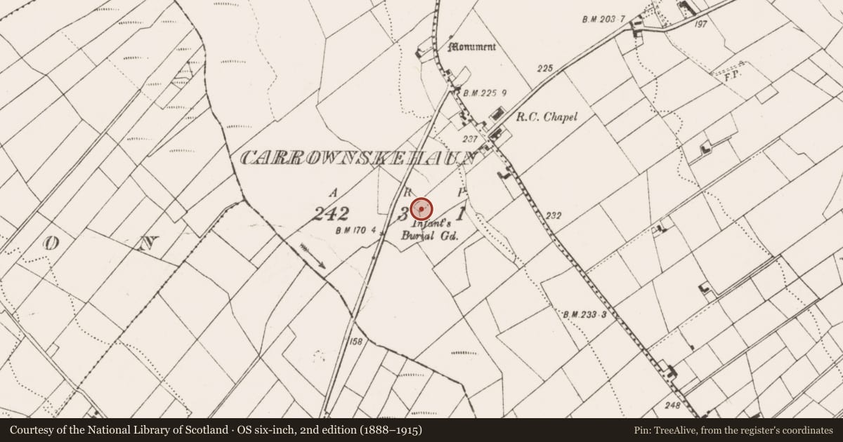 Ordnance Survey six-inch map, 2nd edition (1888–1915) covering the location of Burial ground, Carrownskehaun, County Mayo, with a pin at the register's coordinates